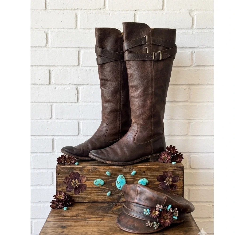 Frye🤑Veronica Strappy Boots Leather Brown Moto Biker Industrial Grunge Goth 8.5